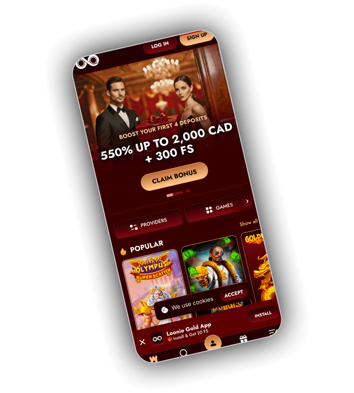 Loonie Gold on a phone with the welcome offer above the popular slot shelf